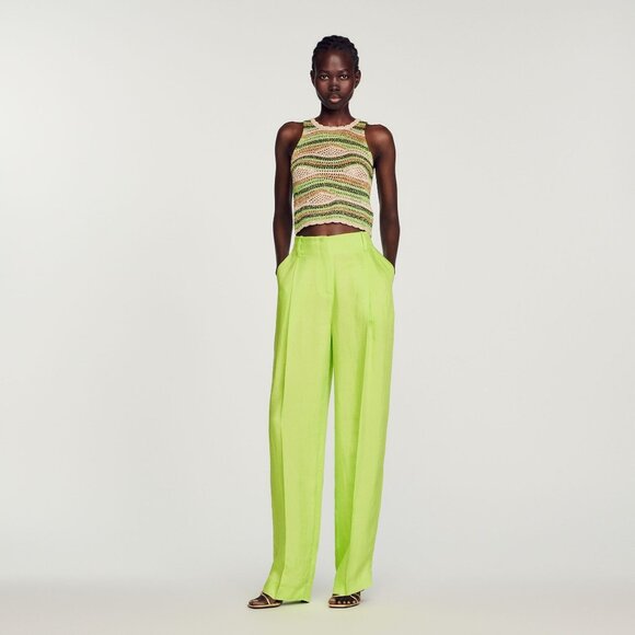 SANDRO PARIS Deauville Pleat Wide Leg High Waist Pants Lime Green Size 38 (6) - Picture 1 of 12
